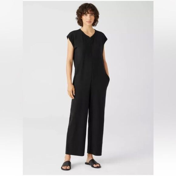 Eileen Fisher Black Cap Sleeve Zip Front Ponte Lantern Jumpsuit Size L - Picture 10 of 10